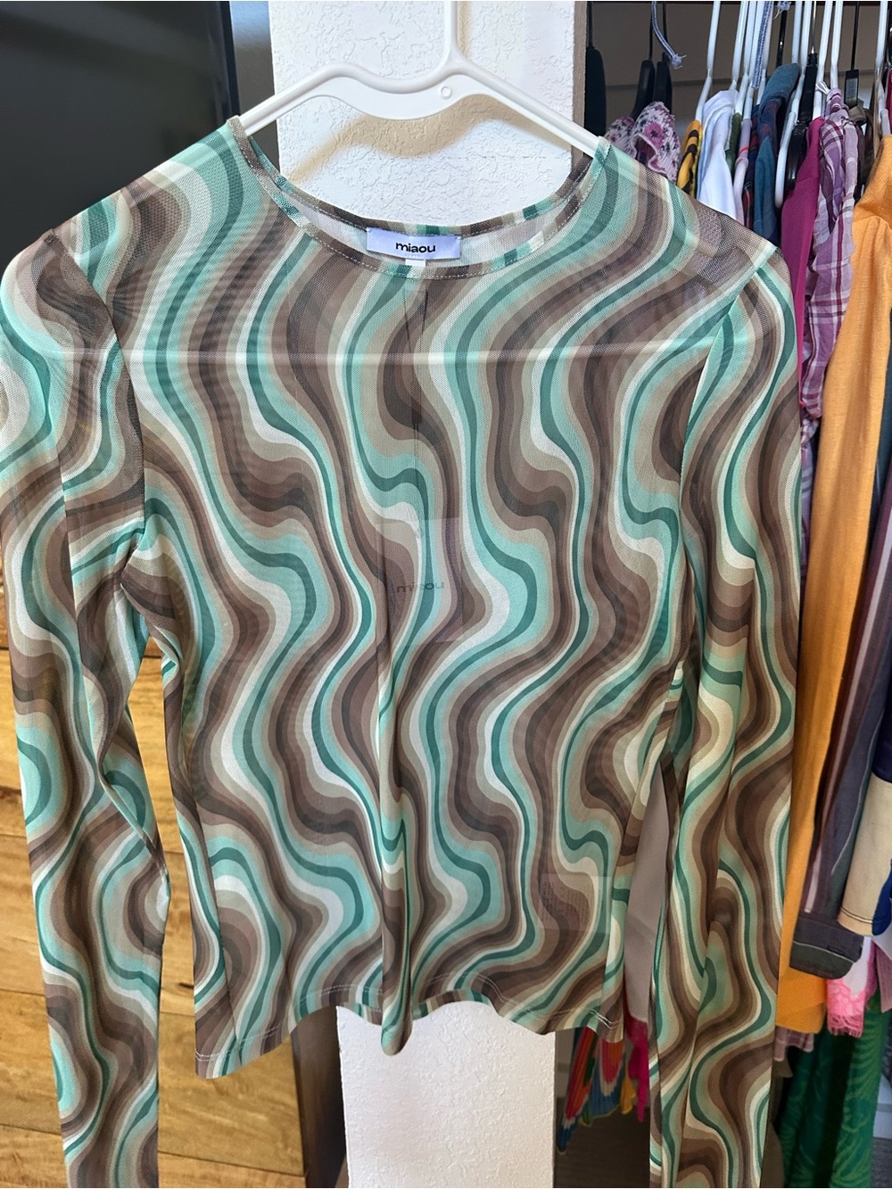 Miaou Sheer Long Sleeve Tee in Mint, Brown and Cream Wave Print